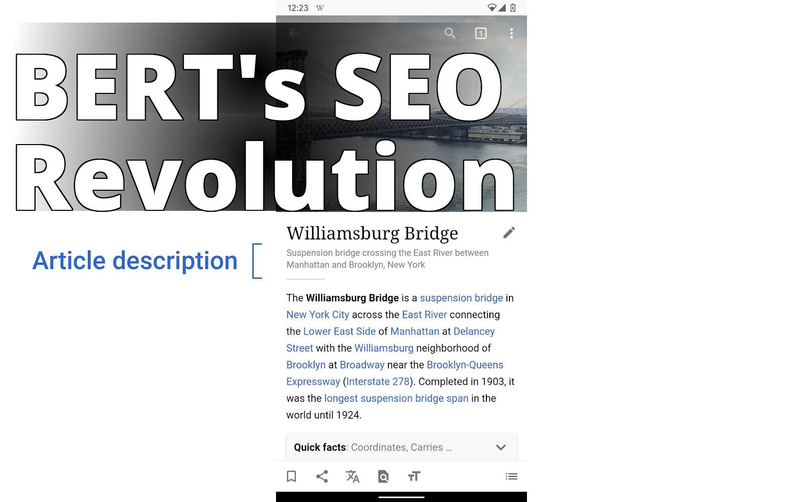 Article descriptions on Android - a screenshot of a bridge with the words'art description '